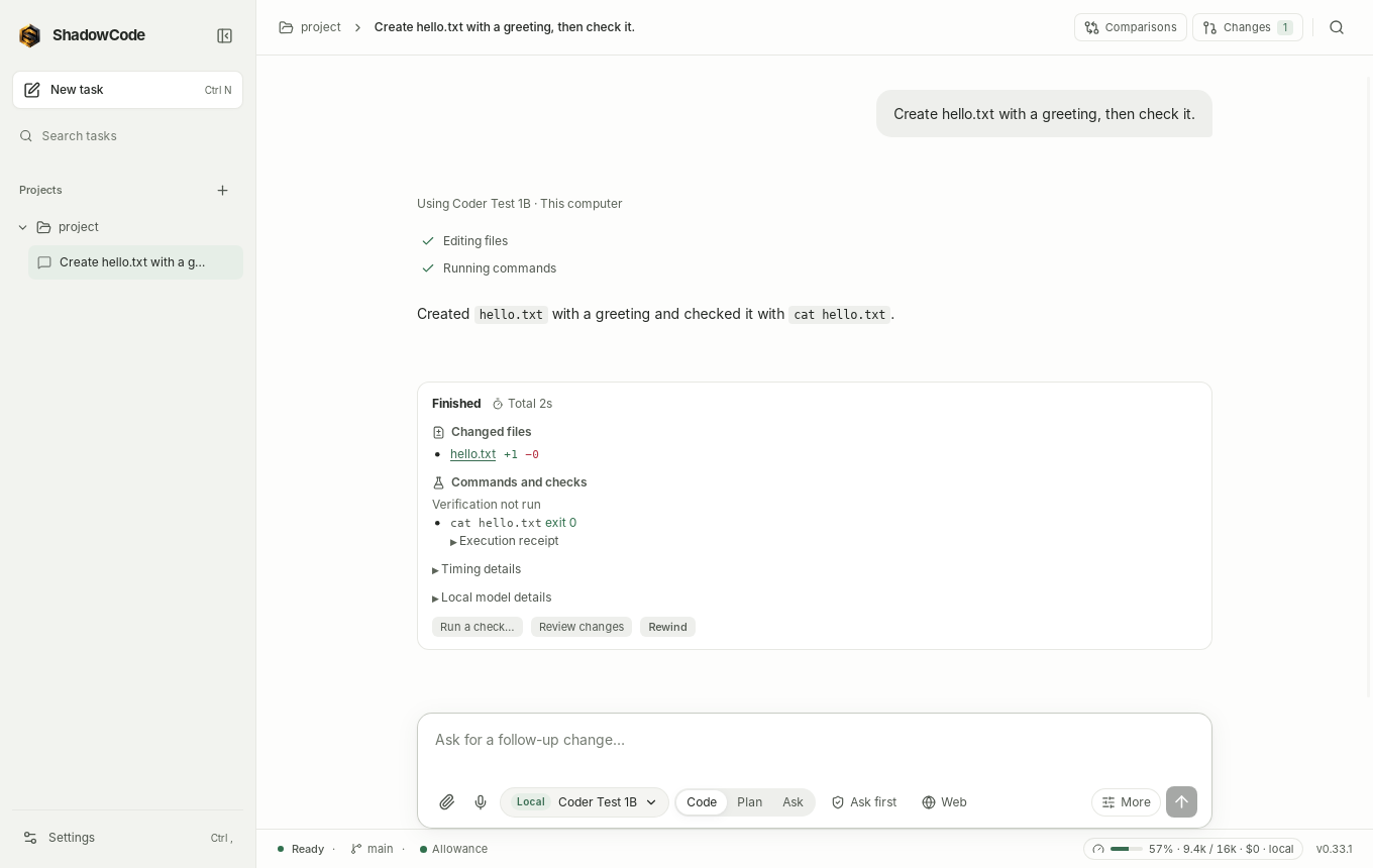 ShadowCode workspace showing a completed example task and controls to review changes or rewind